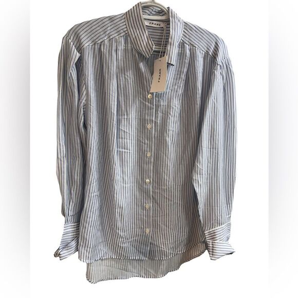 Frame Denim Tops - Frame NWT Pleated Clean Collared Chambray Striped Shirt Size S/M